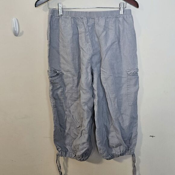 Flax Small Pull-on Lagenlook 100% Linen Wide Leg Pants with Cargo Pockets Womens - Picture 2 of 4